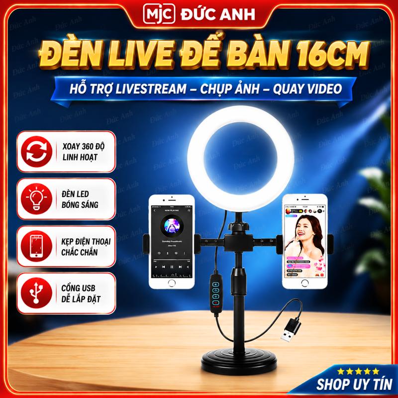 Đèn Livestream Size 16cm Selfie, Phụ Kiện Kẹp Điện Thoại Để Bàn, Chất Liệu Nhựa, Tăng Giảm Chiều Cao, Đế Vững Chắc, Độ Bền Cao Kem