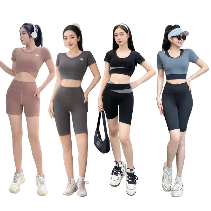 [Tổng Hợp Mẫu Croptop Đùi] Set Đồ Tập Quần Đùi Áo Cộc Tay Kèm Mút Chất Thun Poly Cao Cấp Co Giãn 4 Chiều Tập Gym, Yoa, Aerobic Nữ NG01/NG02/NG12/Ng08/NG27