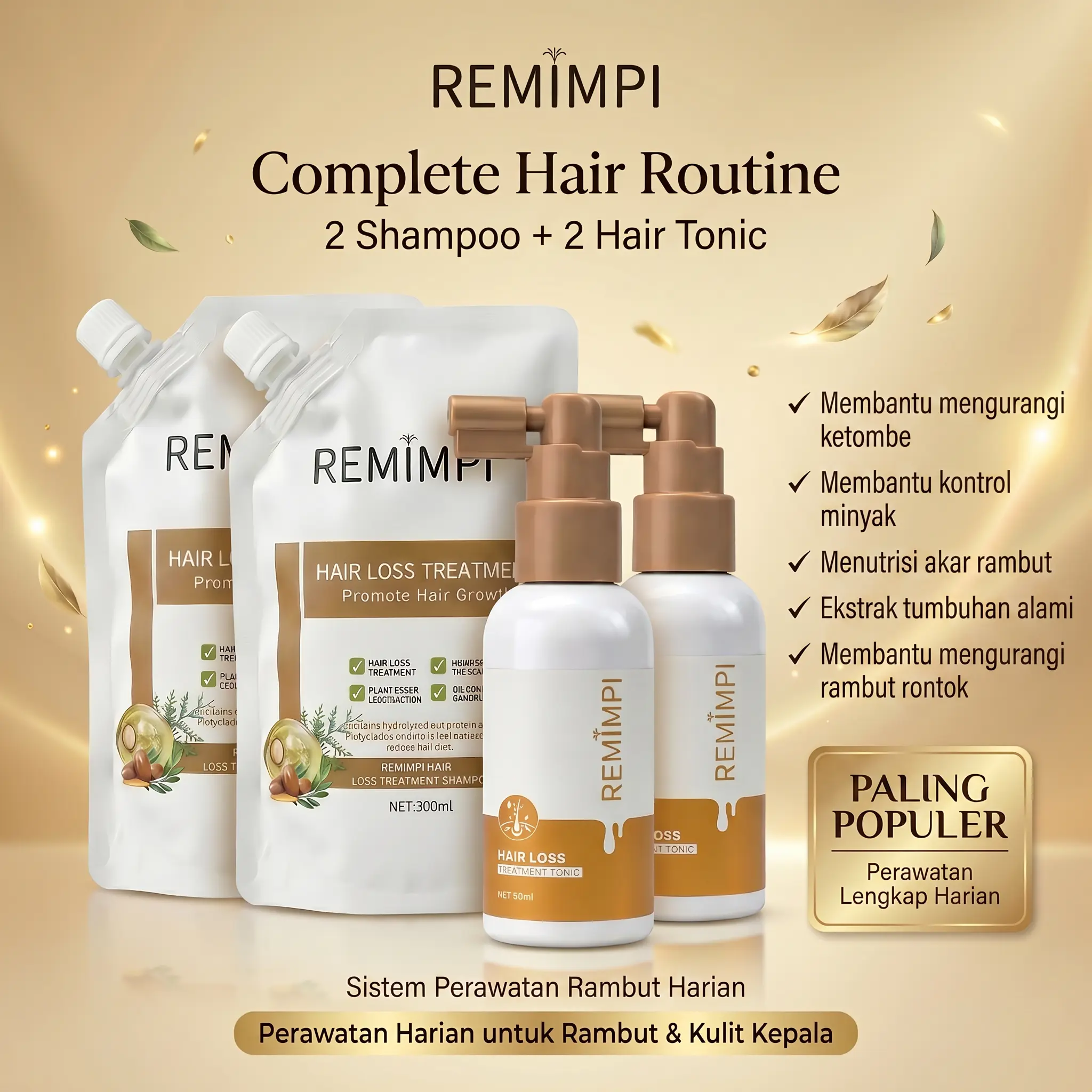 REMIMPI Paket Lengkap Perawatan Rambut Rontok 2 Shampoo + 2 Hair Tonic, Anti Ketombe, Kontrol Minyak Kulit Kepala, Menutrisi Akar Rambut, Complete Hair Routine Pria Wanita