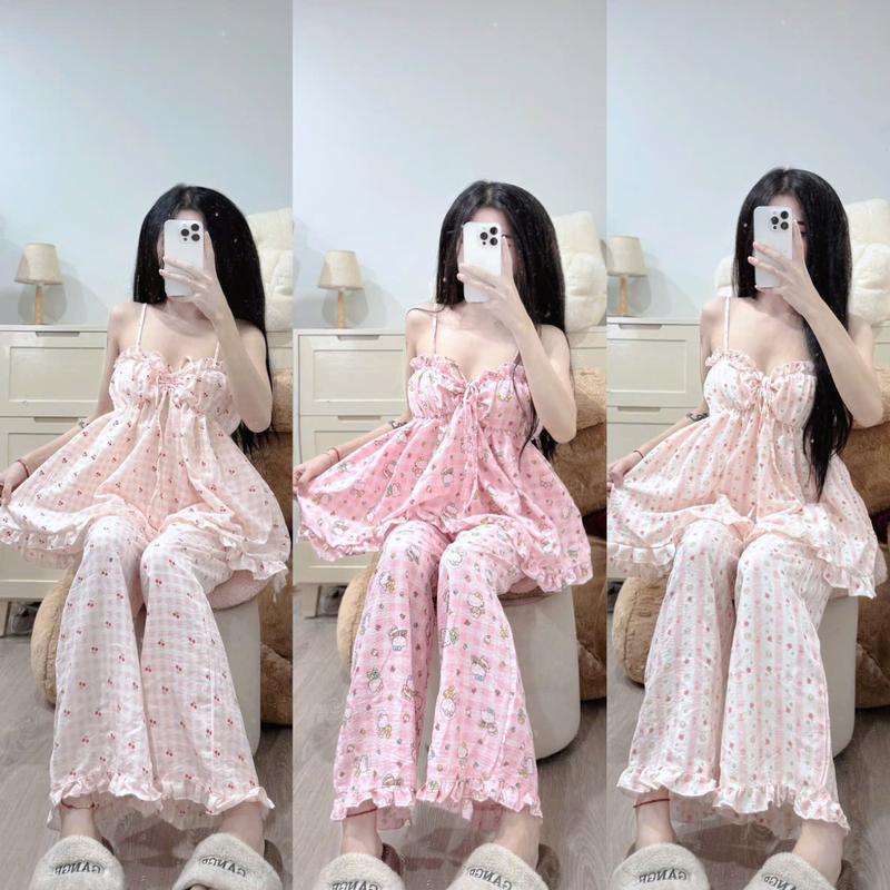 Set bộ nữ mặc nhà hai dây dáng babydoll quần dài PLS399