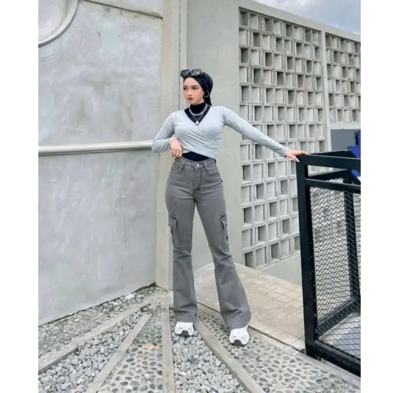 Celana Jeans Cutbray Cargo Wanita Highwaist Strecth Kekinian style Panjang Cewek Denim 2