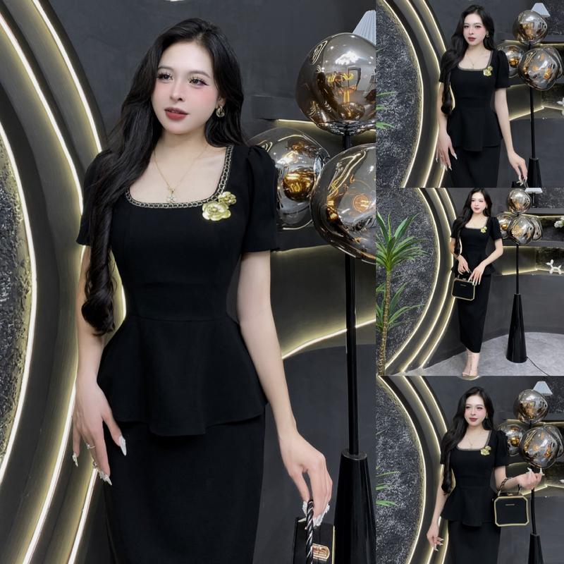EV53 - Váy Thiết Kế Evii dành cho nữ, Đầm thiết kế cổ vuông phối viền (tặng kèm 2 hòa cài) Peplum liền thân dáng bút chì xuông phù hợp đi làm, đi chơi và đi dự tiệc. Có Bigsize Women Dress