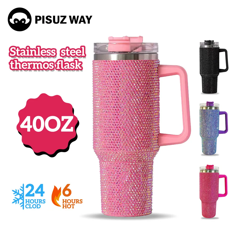 [Pisuz Way] Barbiepink water bottles 40OZ coffee cups with straw holders, karate-resistant cups, vacuum diamond cups, water-resistant bottles, hot cups, glass