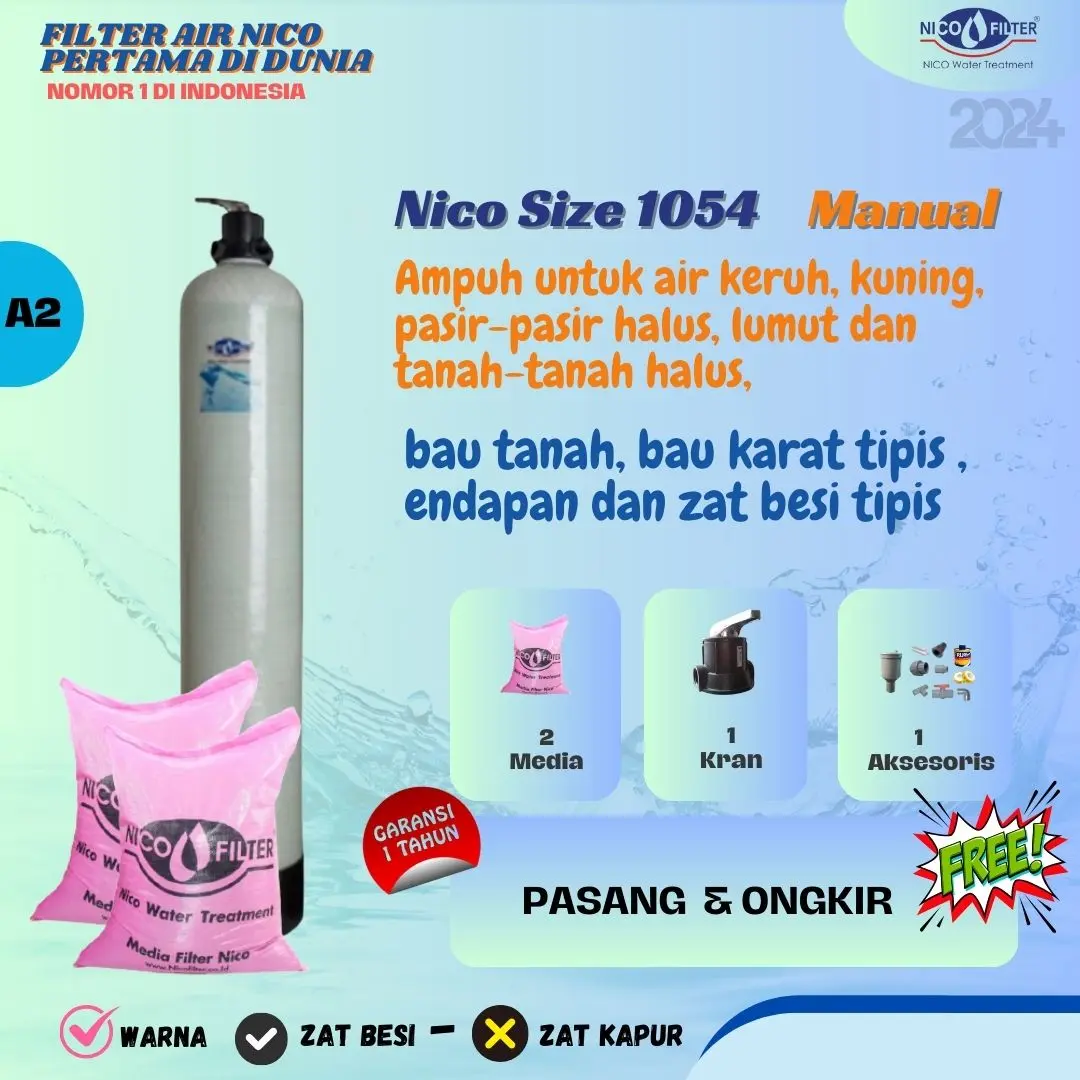 A2. Nico Filter Size 1054 + Media Nico Natural + Alat Inject & Tabung Pengurai Air + Filter air Water filter air banjir