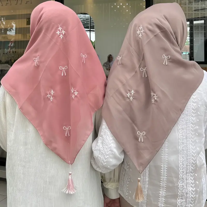 Hijab Segi Empat Paris Coquette Jilbab Segi Empat Bordir Pita Coquette Bahan Lembut Kerudung Muslim Wanita Katun Nyaman Square bunga mocca premium Mewah 3