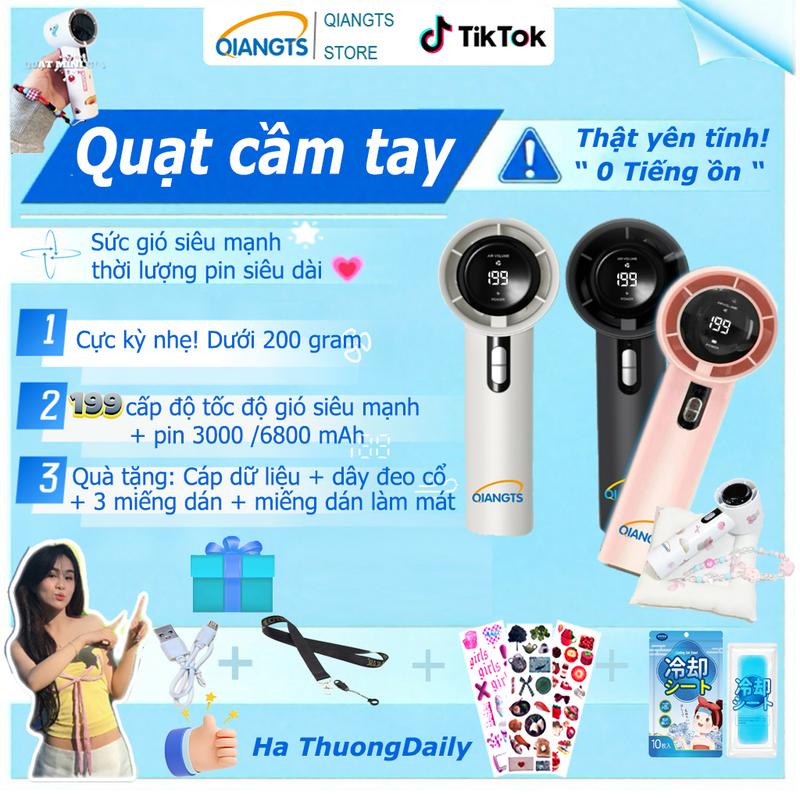  Qiangts Quạt tốc độ cao Cầm Tay USB Mini Hàng mới về năm 2026 với 199 bánh răng tốc độ Màn hình kỹ thuật số Có Thể Sạc Lại 3000mAh Động cơ không chổi than Hỗ trợ cả ngoài trời và trong nhà BẢO HÀNH 6 THÁNG - 1 ĐỔI 1  