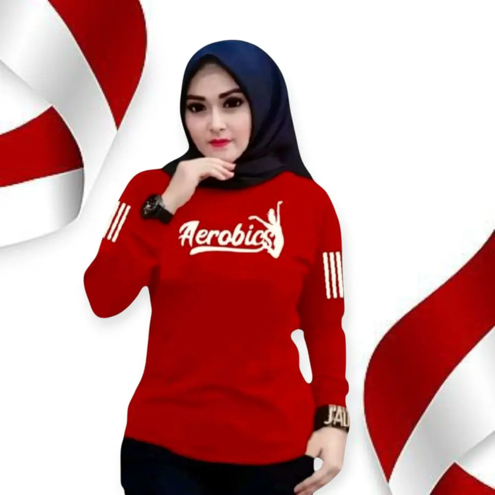 Kaos Oahraga Wanita Lengan Panjang Merah Putih Sport dengan Desain Aerobics Outdoor