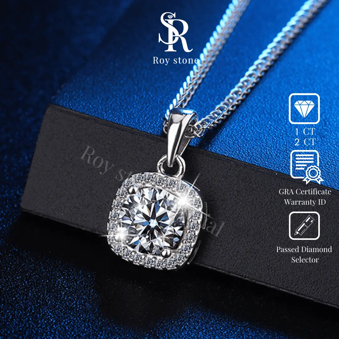 RoyStone – Kalung Moissanite Original Wanita Sertifikat GRA Perhiasan Silver Asli Lapis Emas Putih 18K Anti Karat Desain Simpel Elegan Wedding Engagement Necklace Birthday Gift_ Glam Square Necklace