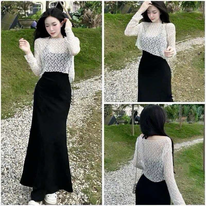 Mèo Mỡ Bigsize — Set đầm thun body yếm ôm dáng dài phối áo khoác lưới bigsize 60-90kg