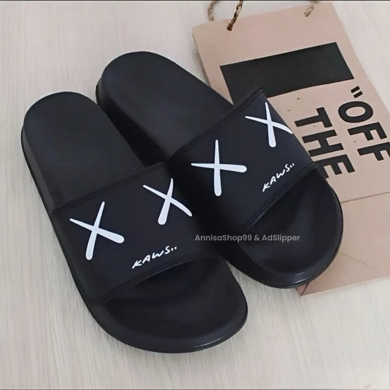 AN - KAWS HITAM SHB - Promo Sandal Slop Slip On Distro Casual Pria Wanita Dewasa