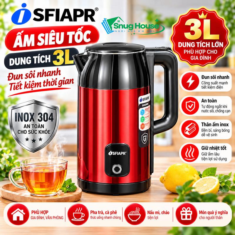 Ấm Đun Nước Siêu Tốc Mẫu Mới, Dung Tích 3L, Tự Động Ngắt Khi Sôi, Công Suất Cao 1500w, Khoá Nắp An Toàn- Bình Đun Nước, Âm Siêu Tốc