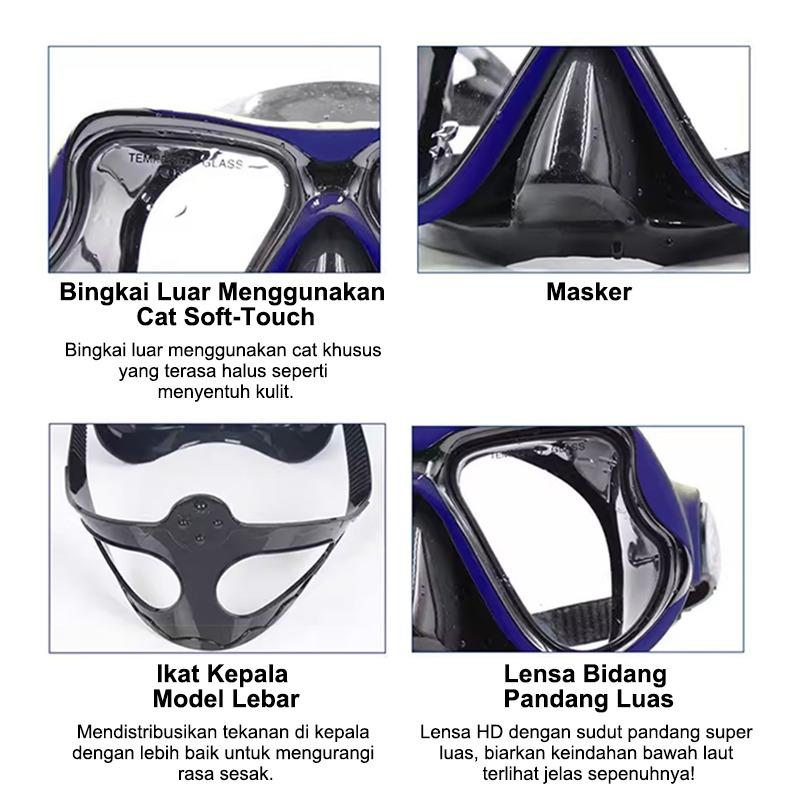 Kacamata Snorkeling / Renang Anti Kabut - Kaca Tempered HD, Perlengkapan Selam untuk Pemula & Profesional, Termasuk Snorkel