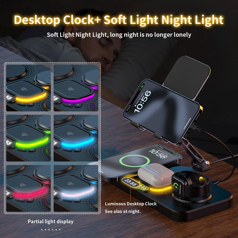 6 in 1 Multifunctional Wireless Charger Mobile Phone Fast Charging Station With Clock,Tablet Holder For iPad, iPhone, Apple Watch, Airpods Pro 3