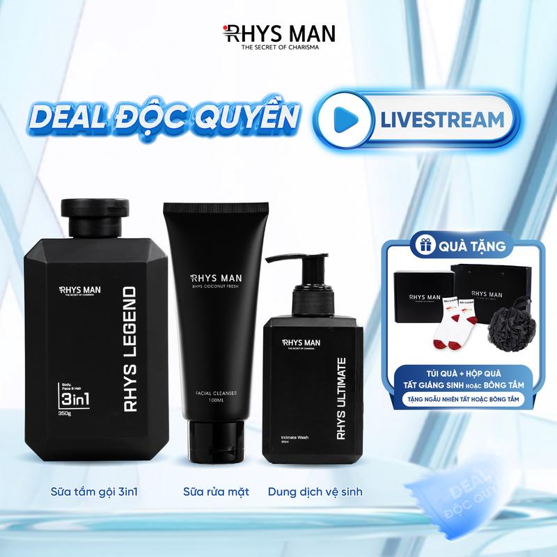 DEAL ĐỘC QUYỀN LIVESTREAM Combo Lịch Lãm RHYS MAN Sữa tắm gội 350ml & Sữa rửa mặt hương dừa 100ml & Gel vệ sinh nam 120ml | Tặng: 1 Set Hộp & Túi