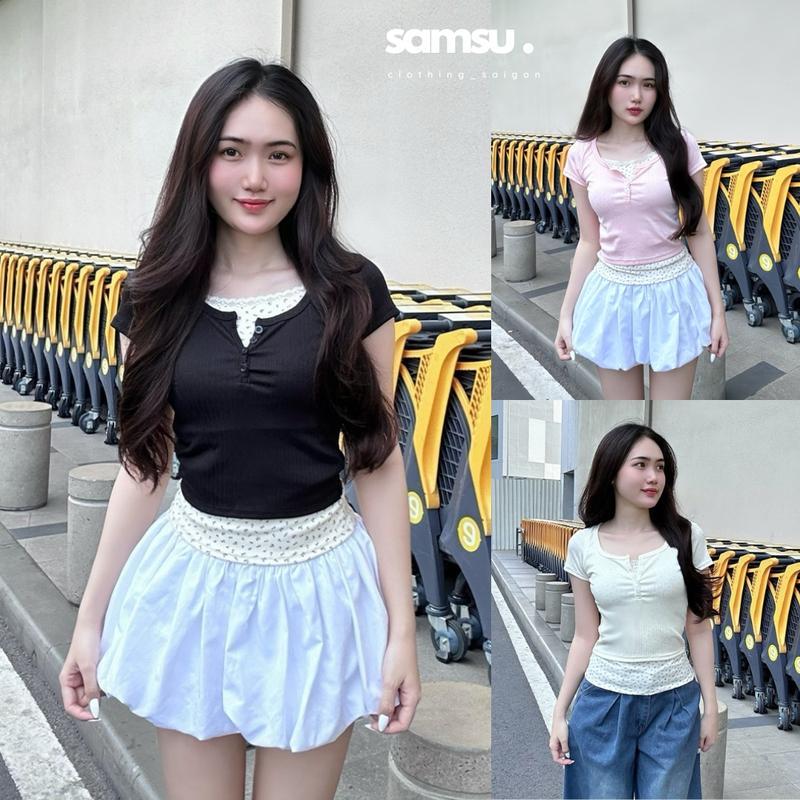 [ MỞ BÁN ] Áo Thun Tay Ngắn Hai Mảnh Hoạ Tiết Hoa Nhí Chất Gân Tăm Mát Lạnh Mùa Hè Samsu.clothing_saigon