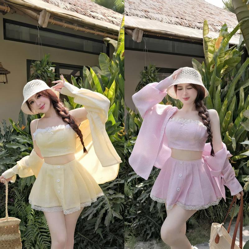 Đầm váy nữ 3 món kate lụa phối viền ren kẻ sọc áo trong 2 dây mocking thân sau kèm áo ngoài sơ mi dài tay mix chân váy ngắn xòe tôn dáng sang chảnh cho các nàng đi chơi đi du lịch.women top