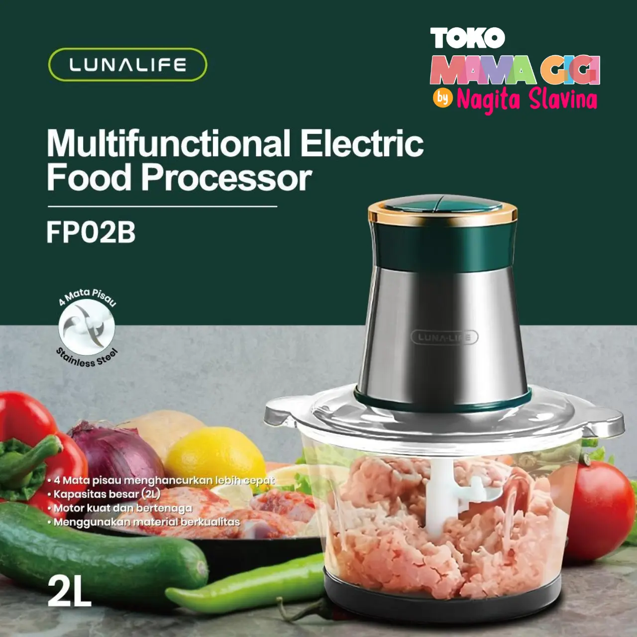 [Toko Mama Gigi] LUNALIFE Food Chopper FP02B Chopper Kaca 2L Penggiling Daging Multifungsi 250Watt