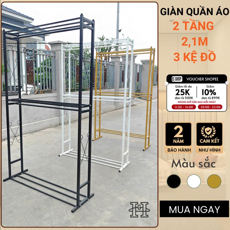   Siêu Tải  Giàn treo quần áo 2 tầng cao 2,1M. 3 kệ để đồ. Thép chịu lực sơn tĩnh điện 3 màu,đủ size 