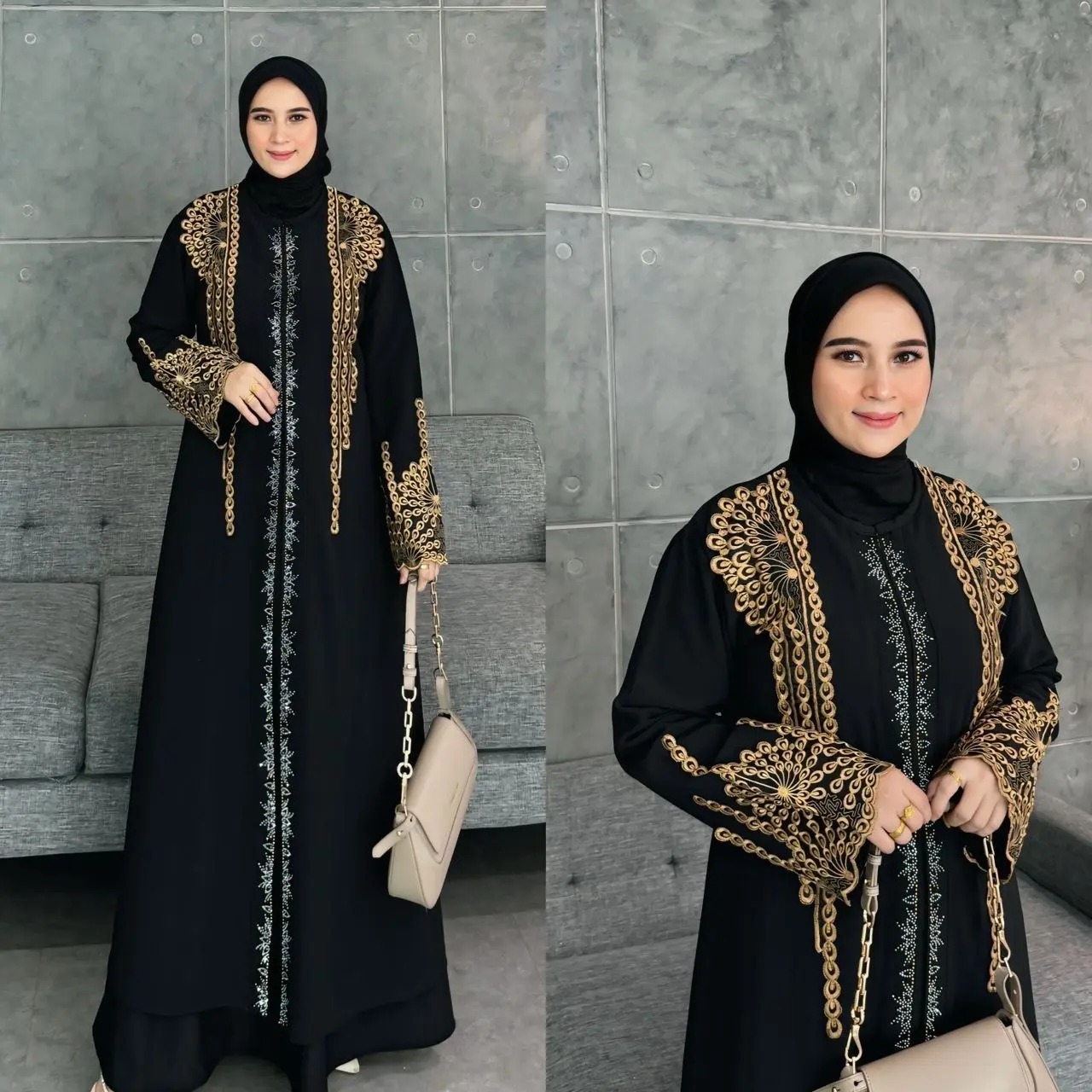 Abaya Turkey Arab Gamis Sahila Wanita Muslimah Kode 006 Jersey Mix Ceruty Hitam Syari Dress Dewasa Mewah Lebaran