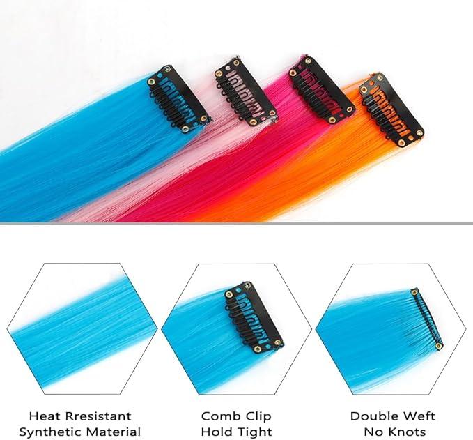 Coloured Hair Extensions,12 Pcs Rainbow Hair Extensions,Colored Clip In Hair Extension,Colorful Party Highlights Hair Synthetic Hairpieces,20 Inch Colorful Long Straight Hair Wig 1
