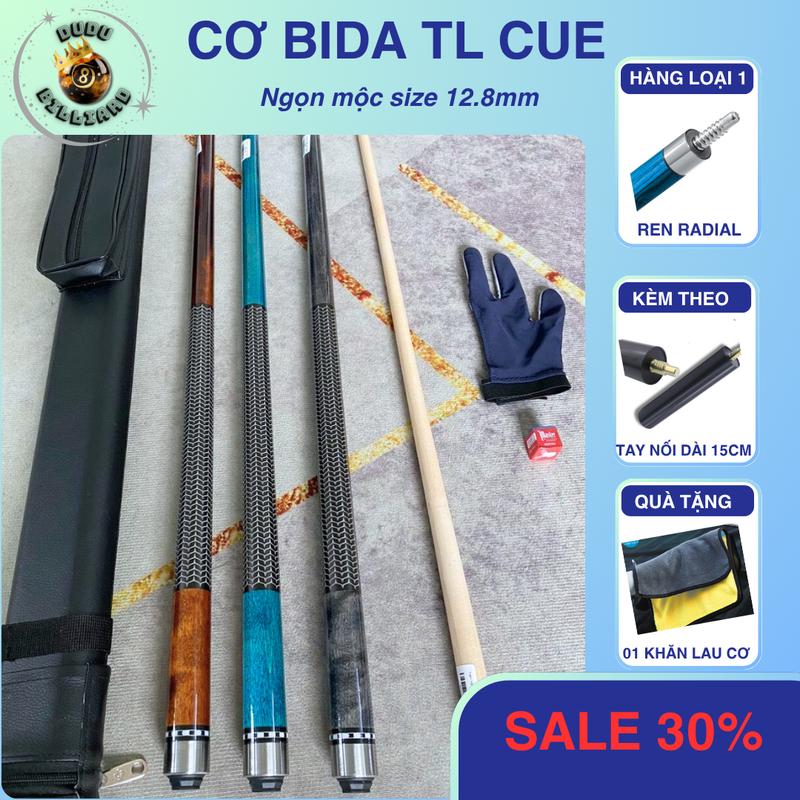Cơ Bida Cá Nhân TL CUES Ngọn Mộc 12.8mm Ren Radial ,  Kèm Chuôi Nối Dài 15 CM