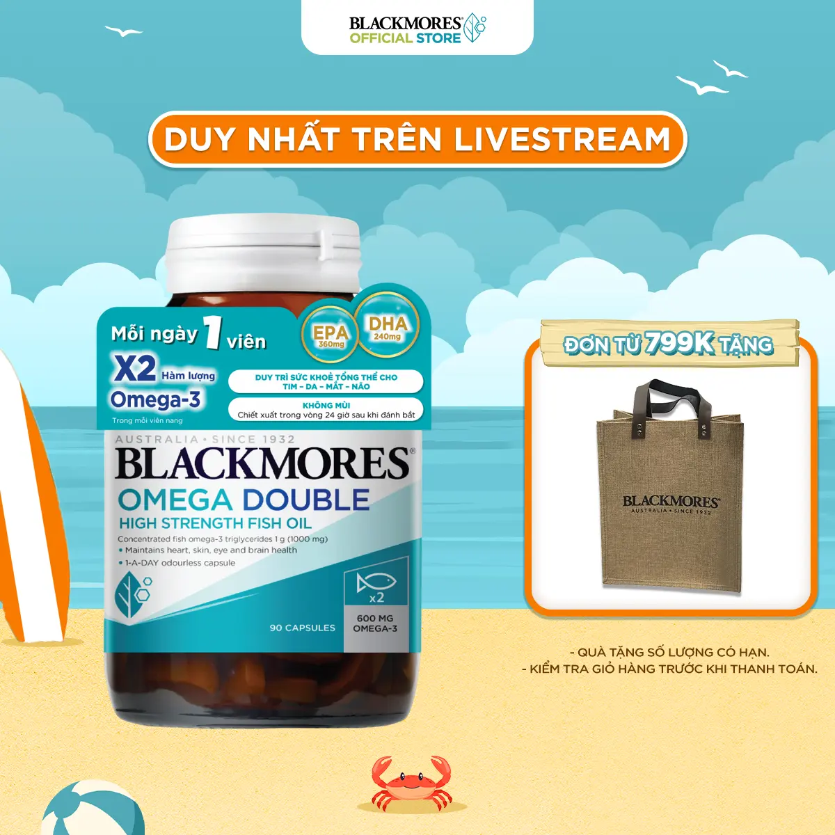 Viên Uống Dầu Cá Bổ Sung Omega Hỗ Trợ Cho Tim, Mắt và Da BLACKMORES DOUBLE Omega HIGH STRENGTH Lọ 90 Viên