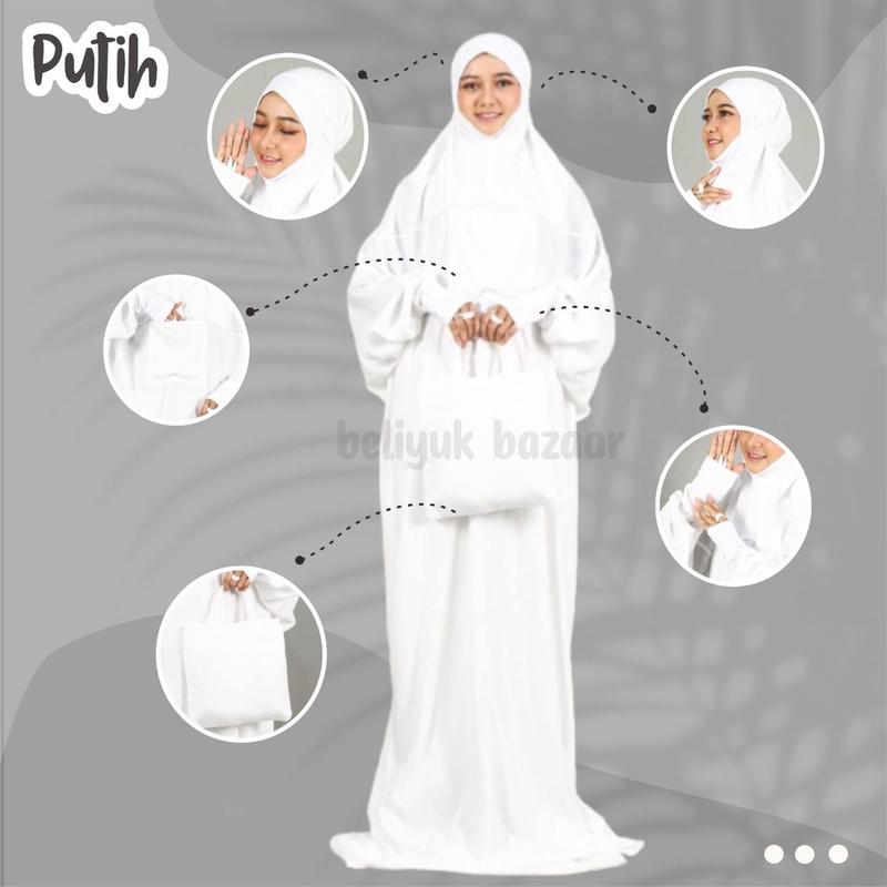 Mukena Mukenah Premium Terusan Malaysia Manset Rayon Jumbo Dewasa Travel Adem Dingin Halus Lembut Putih 2