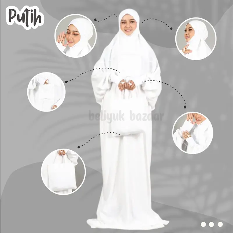 Mukena Mukenah Premium Terusan Malaysia Manset Rayon Jumbo Dewasa Travel Adem Dingin Halus Lembut Putih 2