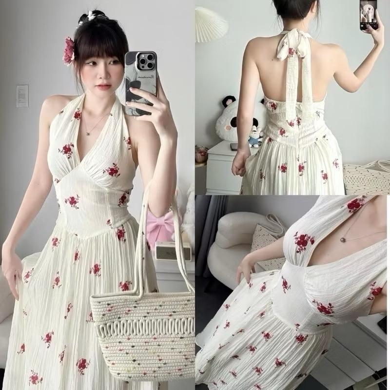   Bèo Béo Bigsize   Đầm Maxi Yếm Cột Hoa Đỏ Dáng Xoè Form Bigsize 60-90Kg 