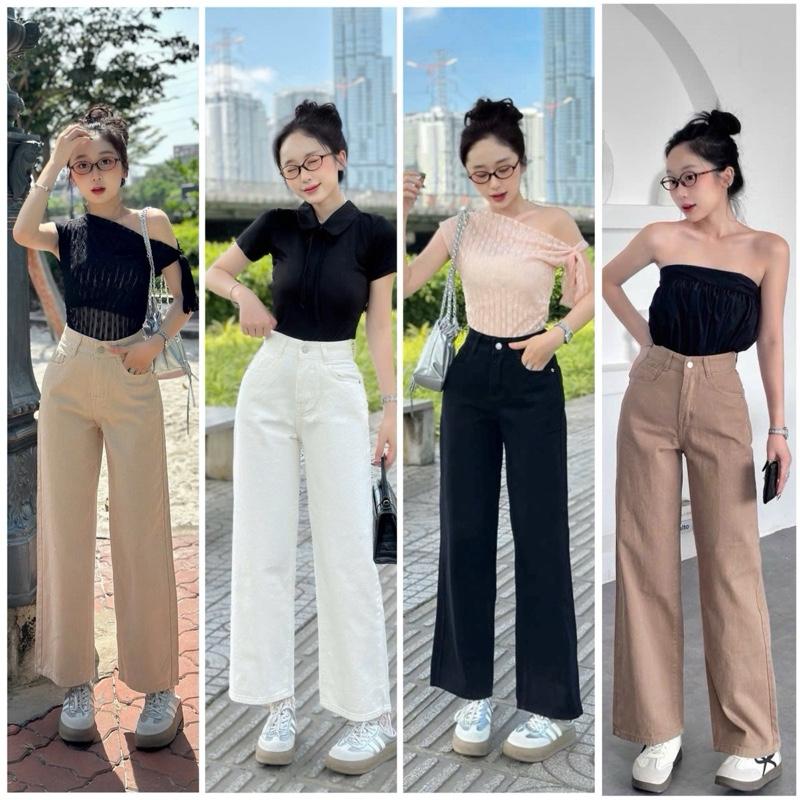 Quần Jean Kaki Suông trơn Nấm Lùn (9 Tấc-dài 94cm)  Thời Trang Phong Cách Trẻ Trung Năng Động Có Túi Khuy Pants Nữ suong quần ống rộng jean Mẫu Mới-04