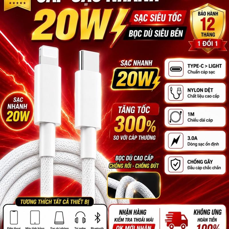 CÁP sạc nhanh bọc dù cao cấp PD20W Chíp C94 TypeC to Linjg 1met sac nhanh cho…