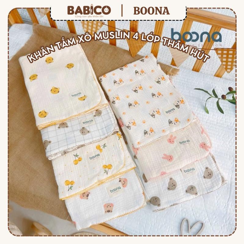 Khăn Tắm Muslin Đa Năng Cao Cấp BOONA 4 Lớp Dày Dặn Mềm Mại Thấm Hút Tốt Cho Bé Size 90x70Cm