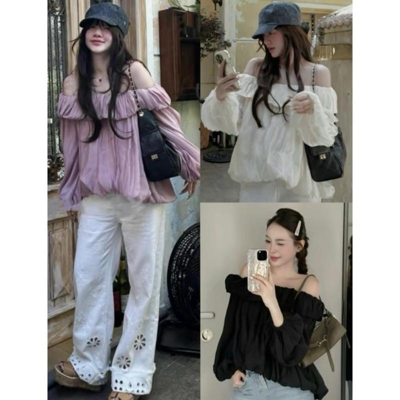 Bèo Béo Bigsize Áo Trễ Vai Xếp Ly Tầng Nhún Babydoll Dài Tay Bom Form Bigsize 60-90Kg