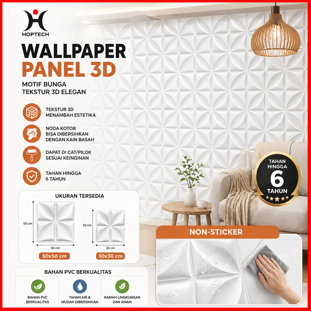 HOPTECH Wallpaper Panel 3D PVC Wallpanel Dinding Ukuran 50x50 cm dan 30x30 cm Motif Bunga Tekstur 3D Non-Sticker Tahan 6 Tahun