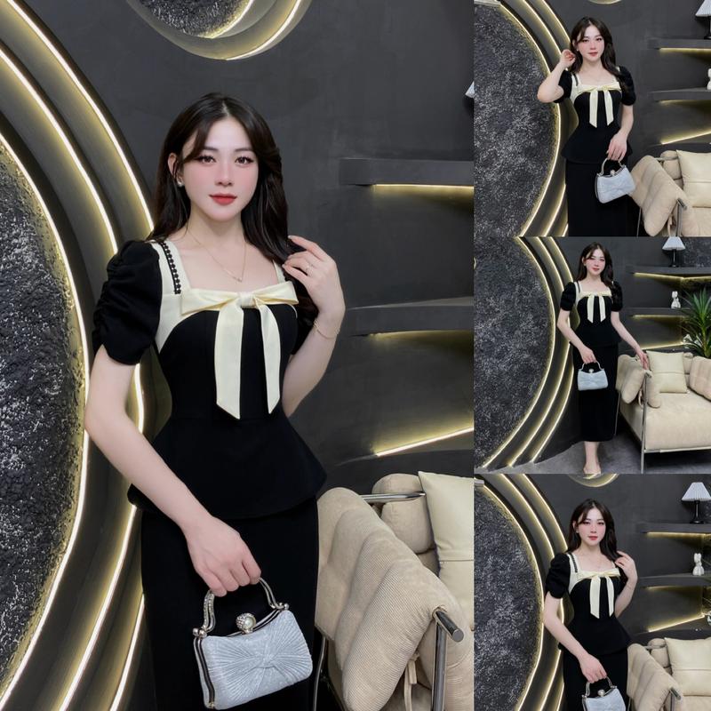 G21 - Váy Thiết Kế Evii dành cho nữ Đầm thiết kế cổ vuông phối nơ bản to trước ngực tay nhún cách điệu Peplum liền dáng bút chì xuông phù hợp đi làm đi chơi và đi dự tiệc. Có Bigsize Women Dress