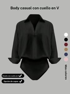 Mono casual suelto de cuello en V y manga larga para mujer, tela tejida elegante, corte ajustado, adecuado para todas las estaciones y se puede combinar de manera flexible.