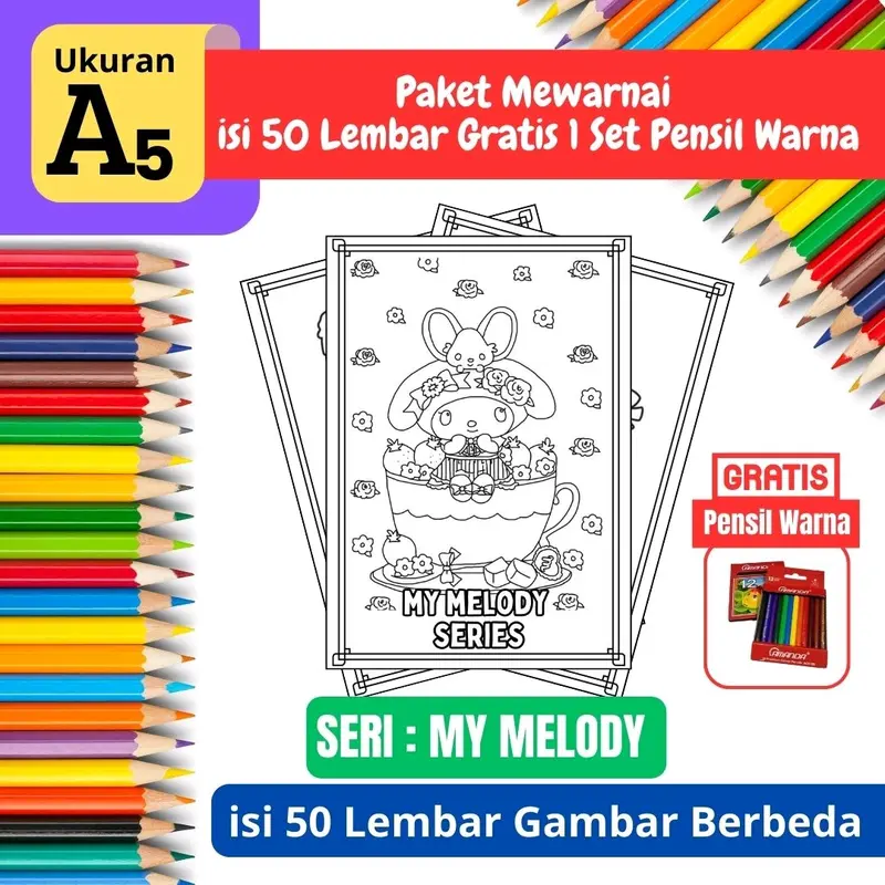[ EDISI My Melody ] Promo Termurah Paket Mewarnai Gambar isi 50 lembar Gratis 1 Set Pensil Warna - A5 Tebal - Edisi My Melody 5