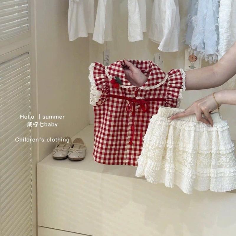 Set áo sơmi kẻ caro chân váy ren trắng cho bé gái mùa hè siêu điệu đà xinh xắn