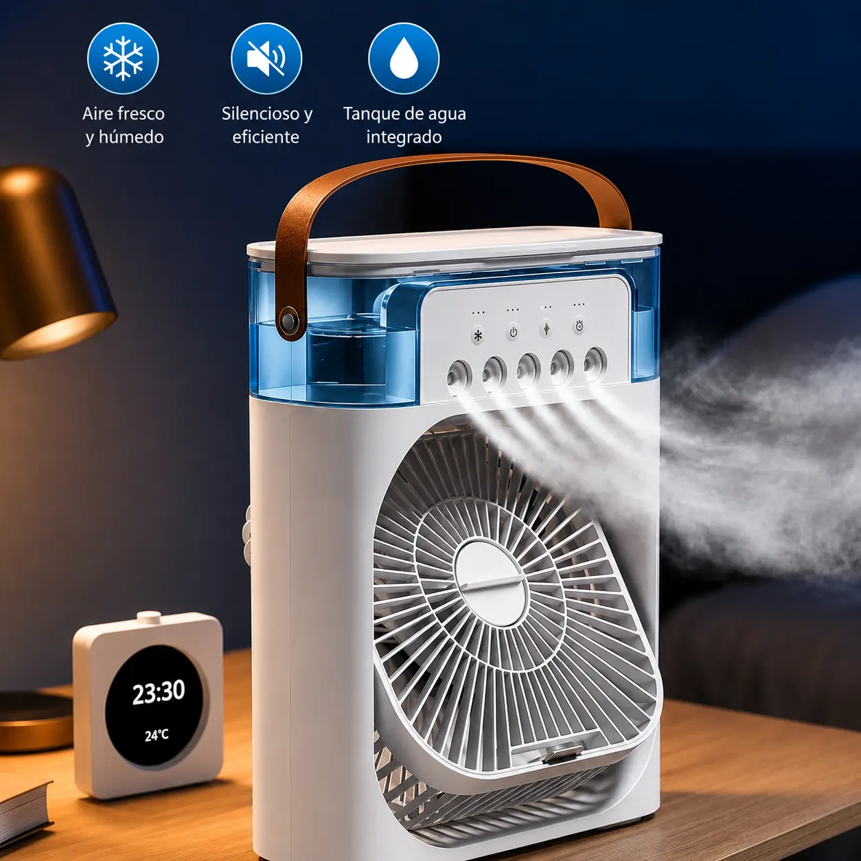 Admite alimentación mediante batería externa, emite niebla fría, permite añadir cubitos de hielo, está disponible en varios colores y cuenta con un ventilador con función de refrigeración para refrescar la habitación.