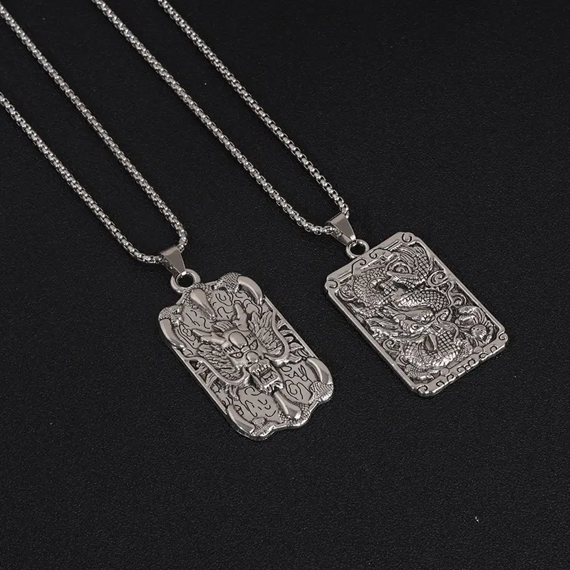 Year of the Dragon Men's All-Matching Hip Hop Long Sweater Chain Titanium Steel Necklace Square Plate