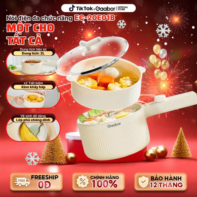 Luxury | Nồi điện đa năng Gaabor EC-20E01B dung tích 2L lòng nồi 2L dùng cho 1 - 2 người vân đá chống dính kèm xửng hấp công suất 600W thiết kế nút vặn nâng cấp Nồi Lẩu Điện Nồi Lẩu Nấu Ăn nồi tự nồi nấu bằng xôi