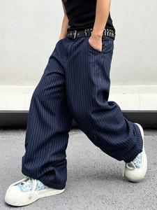 メンズ ブルーストライプ スーツパンツ、ビジネスカジュアル ルーズフィット、シワに強い布製、バナナカット、日常使い、シンプルなストライプデザイン