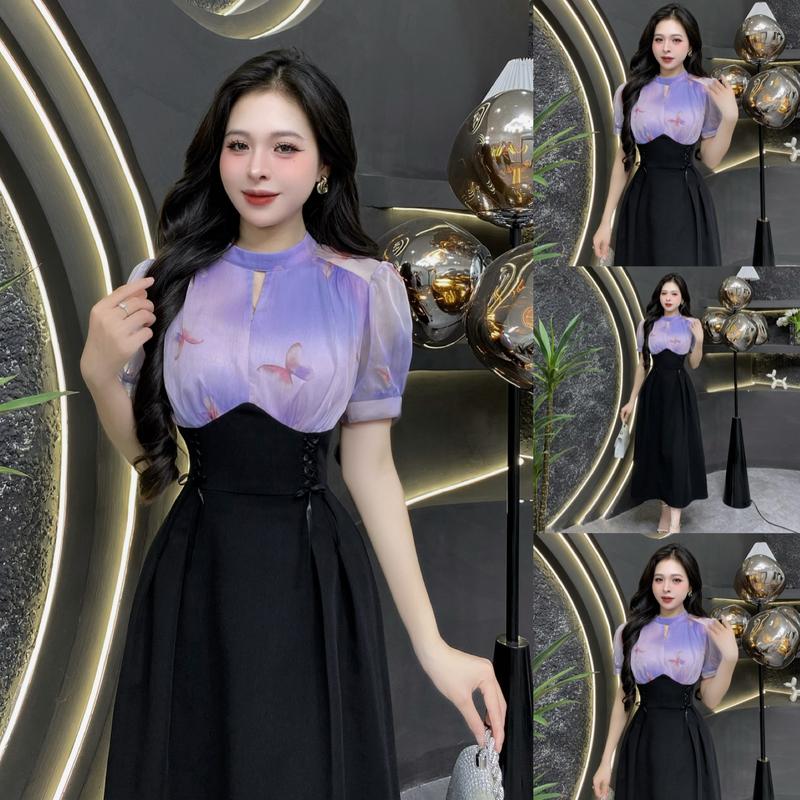 EV15 - Váy Thiết Kế Evii dành cho nữ, Đầm thiết kế cổ trụ phối tơ họa tiết, nơ liền đan cách điệu, dáng A xòe dài phù hợp đi làm, đi chơi và đi dự tiệc. Có Bigsize Women Dress