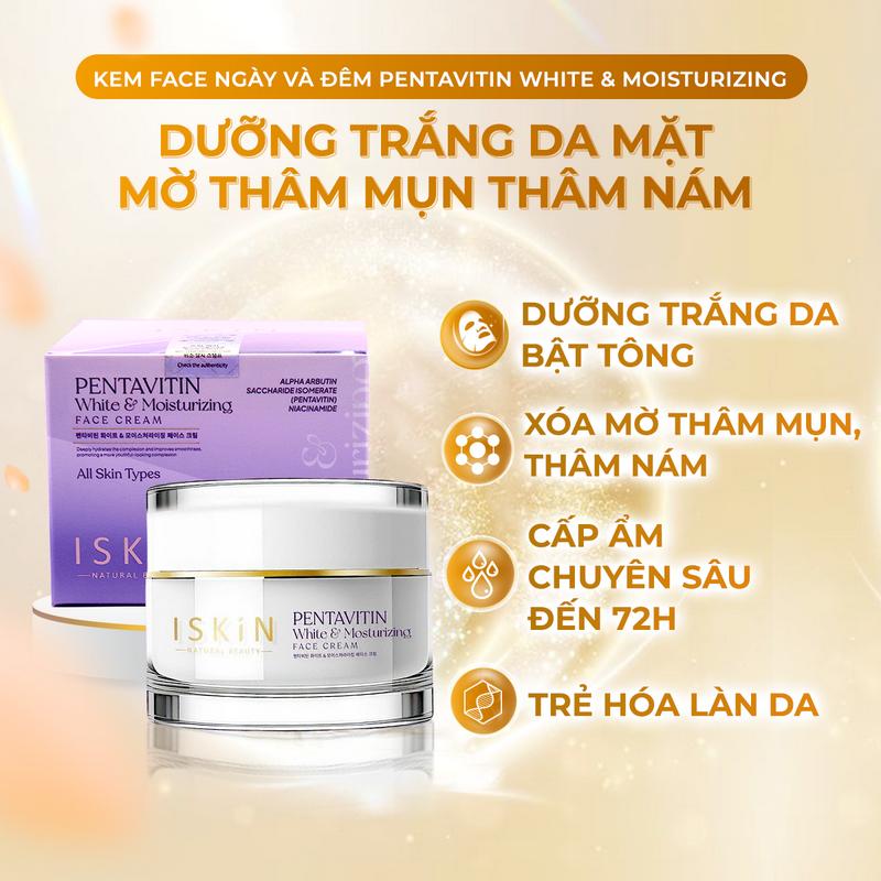 Kem Dưỡng Trắng Da Mặt Mờ Thâm Mụn Mờ Thâm Nám Dưỡng Ẩm Chuyên Sâu và Ngăn Ngừa Lão Hóa ISKIN NATURAL BEAUTY Pentavitin White & Moisturizing Face Cream - Phù Hợp Cho Mọi Loại Da