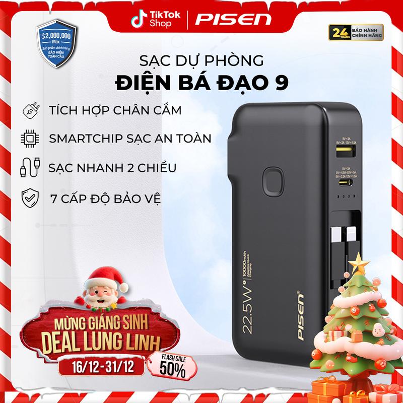   PISEN  Sạc Dự Phòng Đa Năng Điện Bá Đạo 9 22.5W 10000mAh 20000mAh Tích Hợp Chân Cắm 4in1 Sẵn 2 Cáp Sạc Cho Iphone & Android | TS-D312   TS-D313 | Bảo Hành 18 Tháng  PCARE + 6 Tháng  | Bảo Hiểm 2 Triệu Đô 
