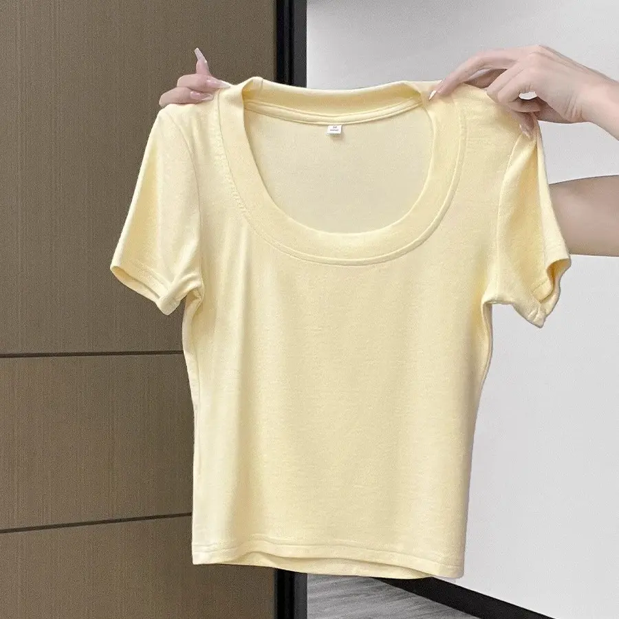 Baju Kaos Lengan Pendek Kerah U Krem / Atasan Crop Polos Melar Slim Fit Wanita
