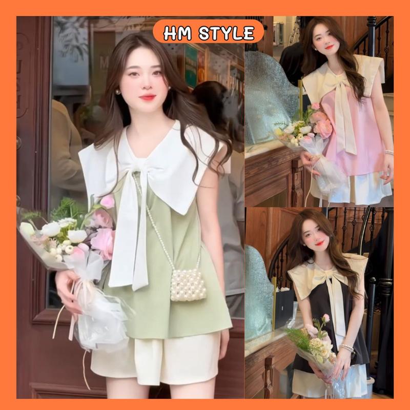  Set áo pha cổ trắng bản to thắt nơ+chân váy trắng tiểu thư Set bộ đồ nữ áo babydoll kèm chân váy xòe chất lụa Hàn HB466 