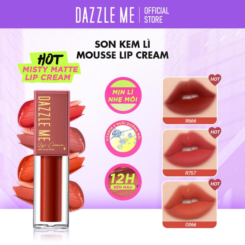  DAZZLE ME Son Kem Siêu Mịn Vitamin E Không Làm Khô Môi Mousse Lip Cream 4.5g Cosmetic Mỹ Phẩm Nữ Trang Điểm Women 