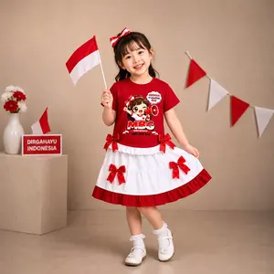 Baju Anak Perempuan - Setelan Anak Perempuan Arteri Spesial Merdeka 17 Agustus Karakter DTF Terbaru / Fashion Anak Perempuan Kaos Lengan dan Rok Pendek Edisi HUT RI Terlaris