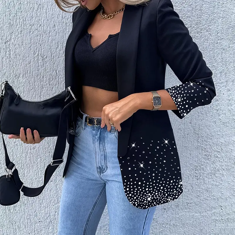 ChicMe Women's Rhinestone Decor Shawl Collar Long Sleeve Blazer Coat